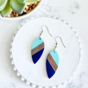 2/$30🌵 Bohemian Aqua Blue Resin & Walnut Wood Earrings Drop Boho Jewelry NEW